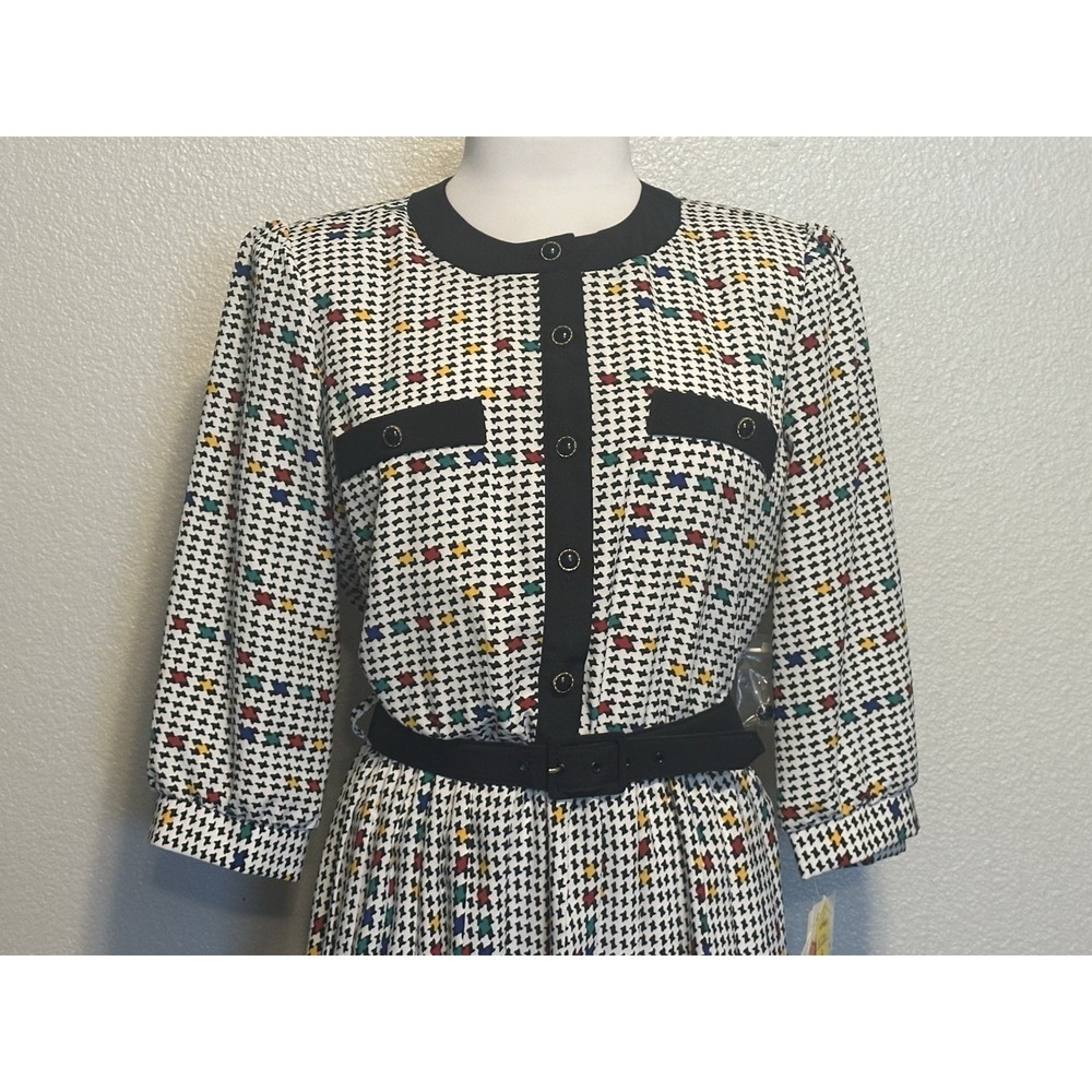 VTG Breli Originals Women Black White Houndstooth Dress Pleated Belted sz 6 NWT - Picture 3 of 13
